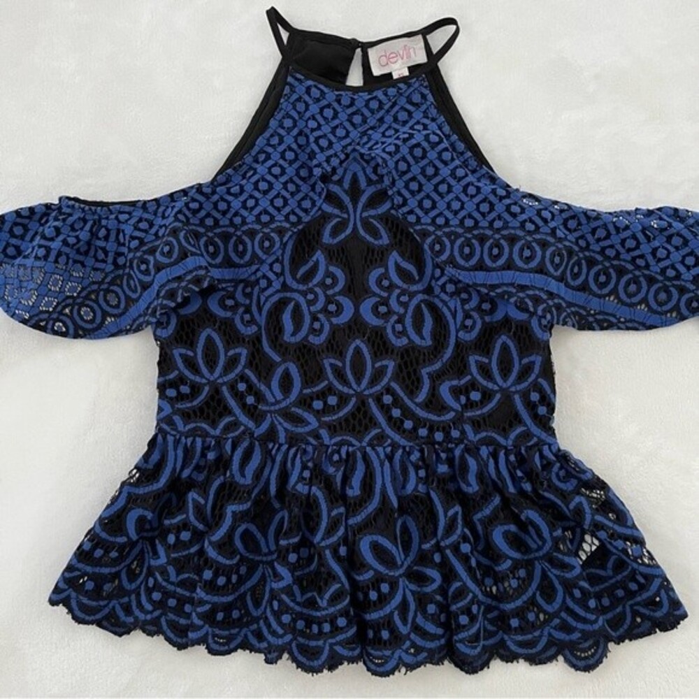 REVOLVE Devlin Blue and Black Lace Off The Shoulder Top, Size XS